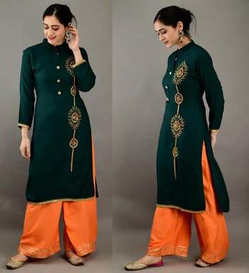 Appealing Dark Green Color Ready Made Rayon Embroidered Work Plazo Salwar Suit For Wedding Wear