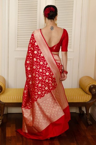 Red Color Bridal Wear Banarasi Zari Work Saree Blouse