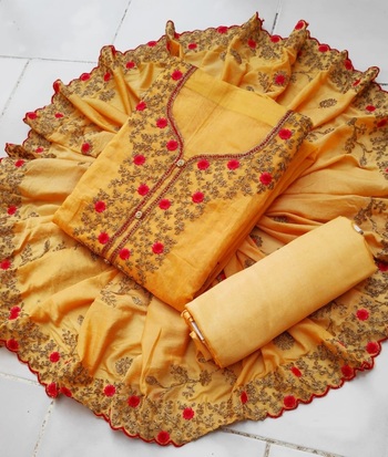 Yellow Chanderi Silk Embroidered Salwar Kameez Material For Women