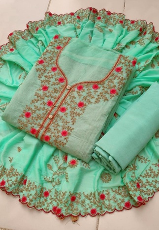 Pista Green Chanderi Silk Embroidered Salwar Kameez Material For Women