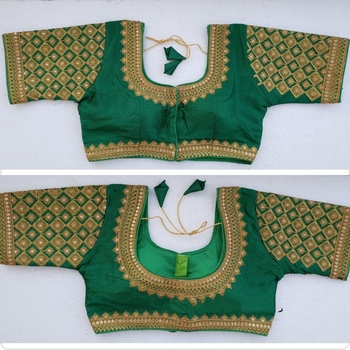 Stylish Dark Green Silk Handwork Readymade Blouse Desing