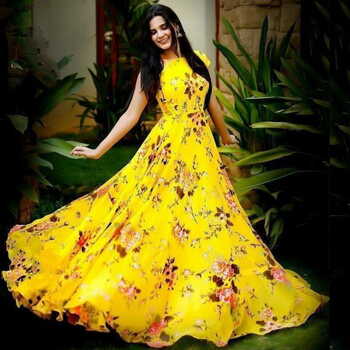 Yellow Color Ready Made Heavy Crape Designer Printed Digital Gown For Function Wear