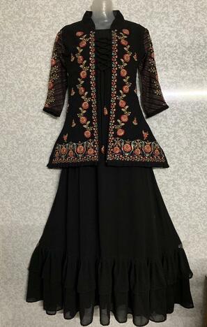 Absorbing Black Color Georgette Fancy Embroidered Work Jacket Style Kurti For Women