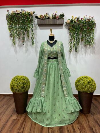 Lovable Green Color Georgette Digital Printed Embroidered Work Indo Western Lehenga For Function Wear