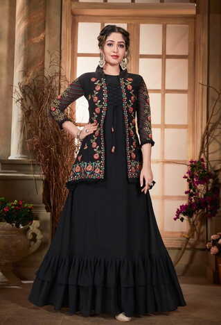 Absorbing Black Color Georgette Fancy Embroidered Work Jacket Style Kurti For Women