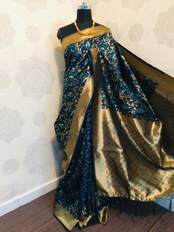 Lovely BlueGolden Banarasi Silk Saree And Plain Blouse For Wedding Wear