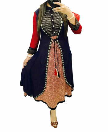 Unique Navy Blue Color Digital Printed Rayon Full Stitched Kurti