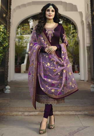 Attractive Wine Color Satin Georgette Embroidered Designer Straight Cut Salwar Suit Online