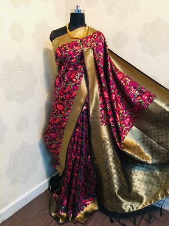 Pink Golden Colour Banarasi Silk Saree And Running Blouse For Women