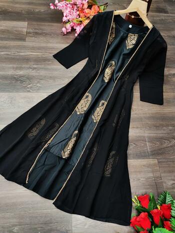 Beuatiful Koti Style Black Color Rayon Printed Kurti With Georgette Jacket For Girls Wear