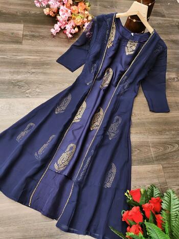 Beuatiful Koti Style Black Color Rayon Printed Kurti With Georgette Jacket For Girls Wear