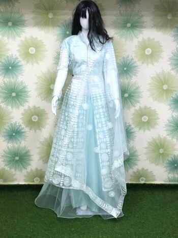 Marvelous Blue Color Wedding Wear Soft Net Embroidered Work Indo Western For Girls