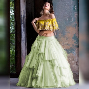 Pista Ruffel Net Designer Lehenga Choli For Wedding Wear