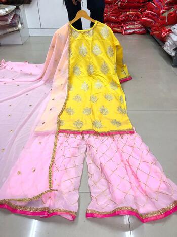 Yellow Colour Taffeta Silk Embroidered Stitched Suit with Plazzo For Function Wear