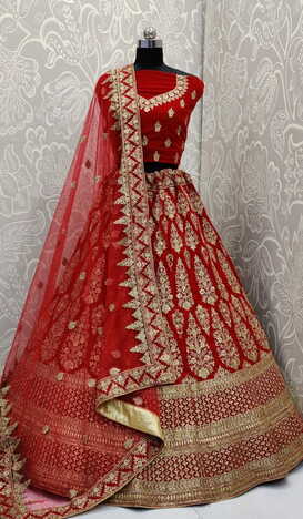 Blooming Red Color Pure Velvet Fused Diamond Embroidered Zari Thread Work Designer Lehenga Choli