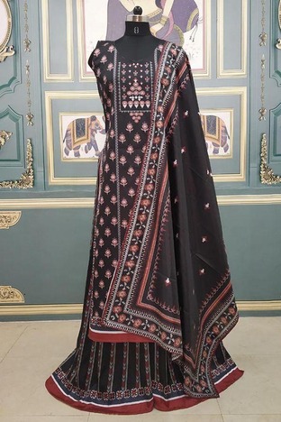 Black Colour Taffeta Digital Print Palazzo Suit For Function Wear