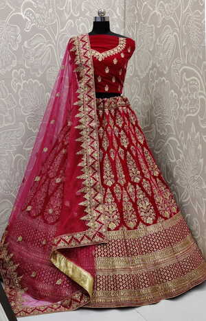Magnetic Rani Color Pure Velvet Fused Zari Thread Embroidered Work Bridal Wear Lehenga Choli