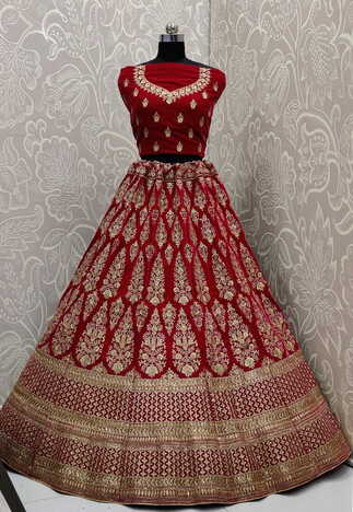 Magnetic Rani Color Pure Velvet Fused Zari Thread Embroidered Work Bridal Wear Lehenga Choli