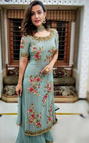 Amazing Sea Grey Georgette Sequence Work Full Stitched Sharara Plazzo Salwar Suit For Women