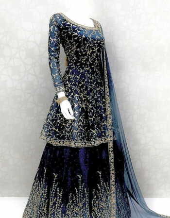 Modern Navy Blue Satin Silk Embroidered Work Indo Western Lehenga