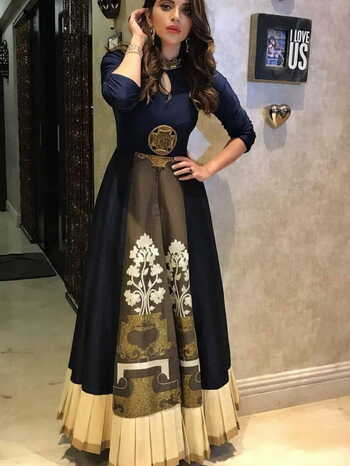 Navy Blue Color Silk Printed Embroidered Semi Stitched Gown