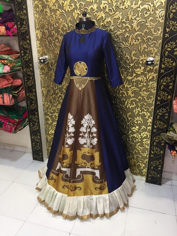 Navy Blue Color Silk Printed Embroidered Semi Stitched Gown