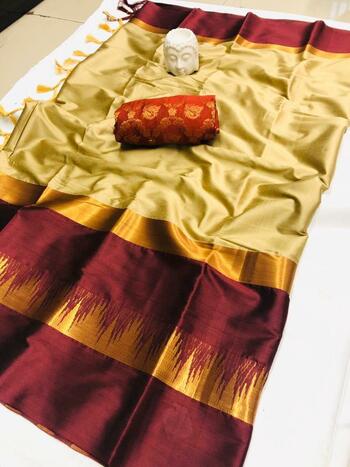 Yellow Maroon Pure Cotton Silk Saree Blouse For Women