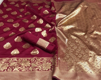 Beautiful Maroon Color Banarasi Silk Base Jari All Over Jari Weaving Saree Blosue