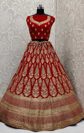 Blooming Red Color Pure Velvet Fused Diamond Embroidered Zari Thread Work Designer Lehenga Choli