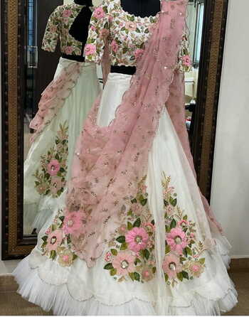 Irresistible White Color Thread Sequence Zari Tappeta Silk Lehenga Choli For Wedding Wear
