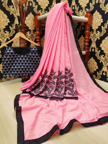 Unique Pink Color Vichitra Silk Embroidered Border Saree Blouse