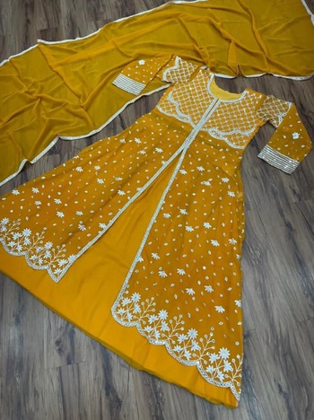 Mustard Party Wear Georgette Embroidered Work Indo Western Suit