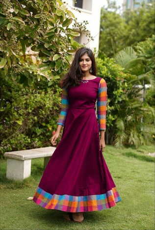 Admiring Wine Color Ready Made Designer Rayon Beautiful Border Festive Wear Gown For Women