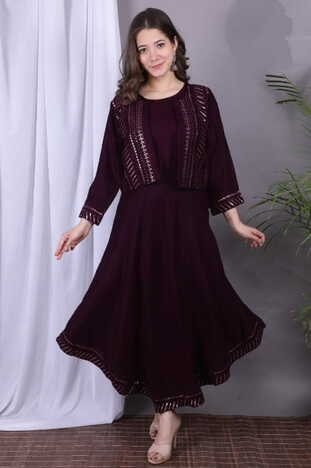 Distinct Wine Color Festive Wear Rayon Sequence Work Ready Made Jacket Kurti Design