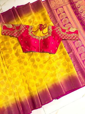 Incredible Yellow Color Nylon Silk Saree Blouse For Wedding Wear