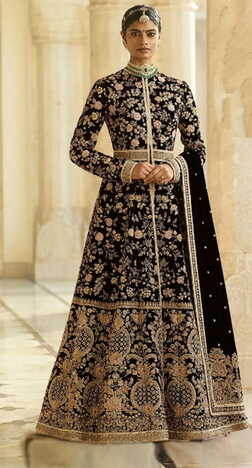 Dazzling Black Color Designer Velvet Thread Dori Embroidered Work Salwar Suit For Wedding Wear