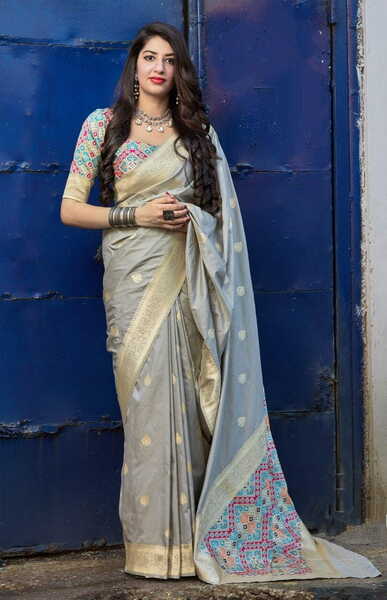 Grey Color Silk Saree With Designer Blouse