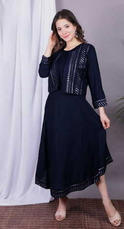Fashionable Navy Blue Function Wear Full Stitched Rayon Sequence Work Kurti Jacket Style