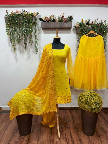 Yellow Full Stitched Georgette Sequence Work Sharara Salwar Suit