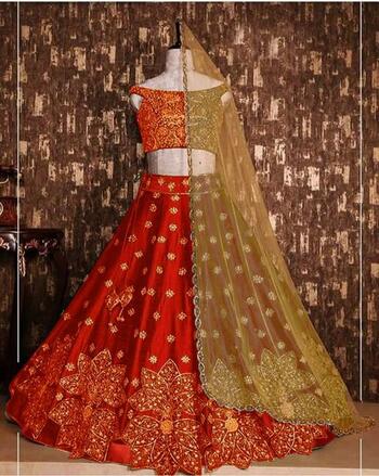 Absorbing Red Color Bridal Wear Taffeta Silk Super Embroidered Work Lehenga Choli