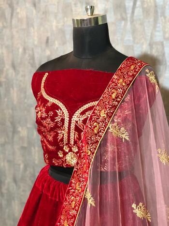 Jazzy Red Color Wedding Wear Velvet Embroidered Work Lehenga Choli