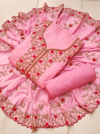 Party Wear Pink Chanderi Silk Embroidered Salwar Suit For Women