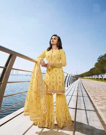 Yellow Georgette Embroidered Sharara Salwar Suit For Women