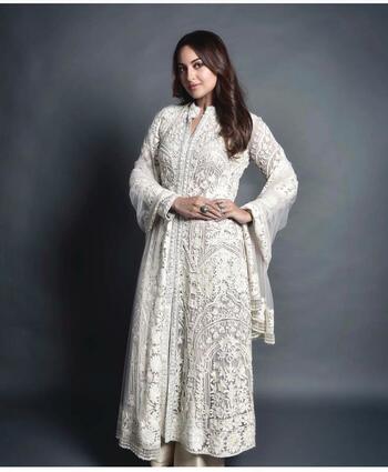 Enchanting White Georgette Embroidered Stitched Kurta with Georgette Plazo with Dupatta