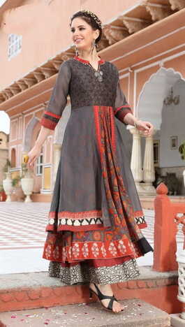 Grey Color Ready Made Festive Wear Chanderi Digital Printed Gown For Women