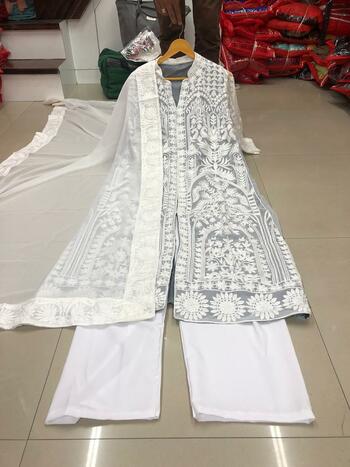 Enchanting White Georgette Embroidered Stitched Kurta with Georgette Plazo with Dupatta