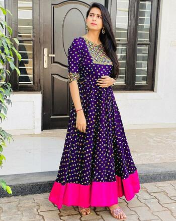 Refreshing Purple South Silk Printed Stitched Gown Design Online