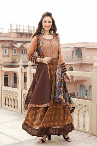 Unique Brown Color Ready Made Chanderi Digital Printed Gown For Function Wear