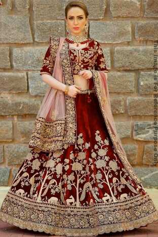 Jazzy Red Color Wedding Wear Velvet Embroidered Work Lehenga Choli