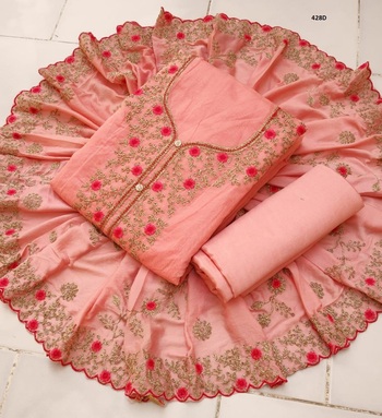 Peach Color Chanderi Silk Embroidered Salwar Kameez Material For Women